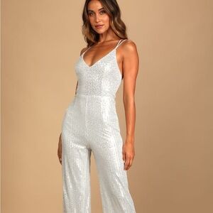 Lulu’s Isn't it Iconic Silver Sequin Strappy Jumpsuit